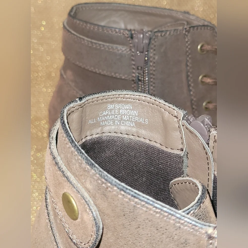 Madeline Women's Sz 8 Heeled Ankle Boot Side Zip Lace Up Buckle Strap Brown Faux - Picture 7 of 7